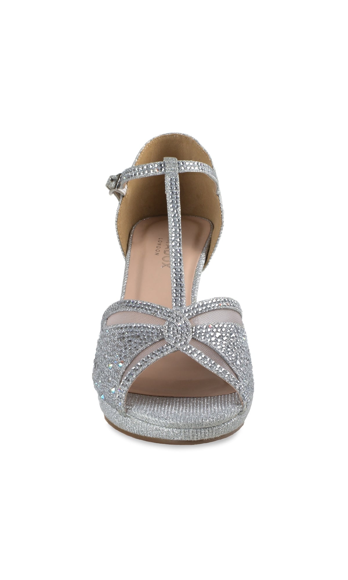 Front view of Nora Silver Shimmer Prom Shoes (Paradox London P2226) featuring an open toe, ankle strap, sparkling rhinestone details, and elegant stiletto heels.